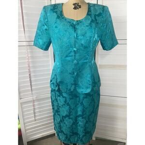 Vintage 80s Melissa Green Jade Floral Tapestry Jacquard Skirt Jacket Suit Sz 10